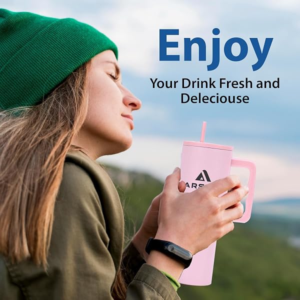 ARSAM TUMBLER WITH HANDLE AND STRAW | LEAK-PROOF, DOUBLE-WALLED, VACUUM-SEALED STAINLESS STEEL TRAVEL MUG | CUPHOLDER-FRIENDLY | INSULATED WATER BOTTLE | PINK 40 OZ
