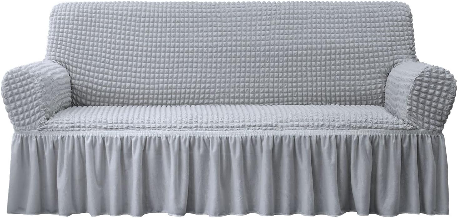 Slipcovers - NICEEC Sofa Slipcover Grey Sofa Covers 1 Piece Easy Fitted Sofa Couch Cover Universal High Stretch Durable Furniture Protector with Skirt Country Style (3 Seater Grey)