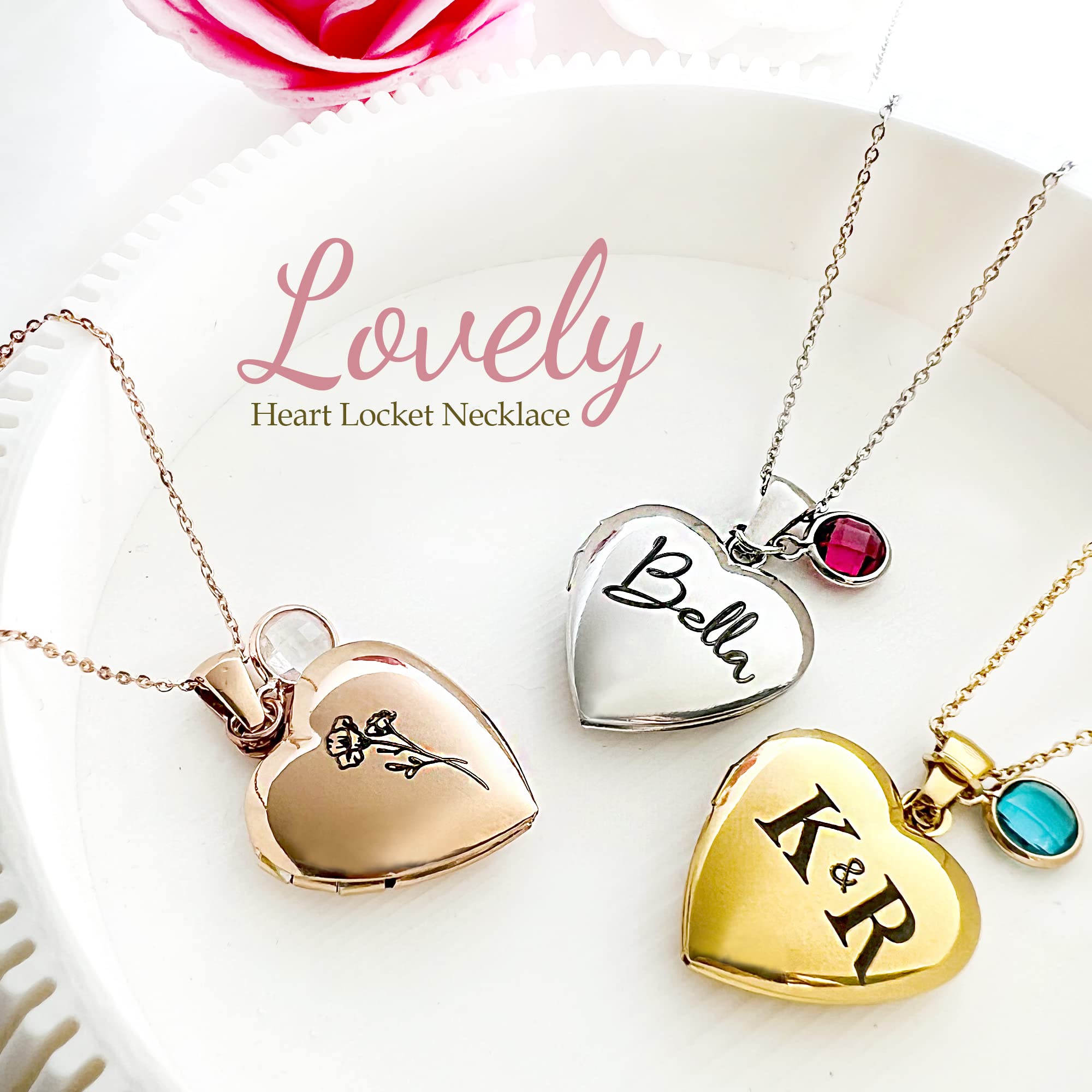 Twenty&Sixty Personalized Heart Locket Necklace for Women, Girl, Kids, Holds Pictures, Birth Flower Personalized & Engraved Picture Locket Necklace Gold/Silver/RoseGold
