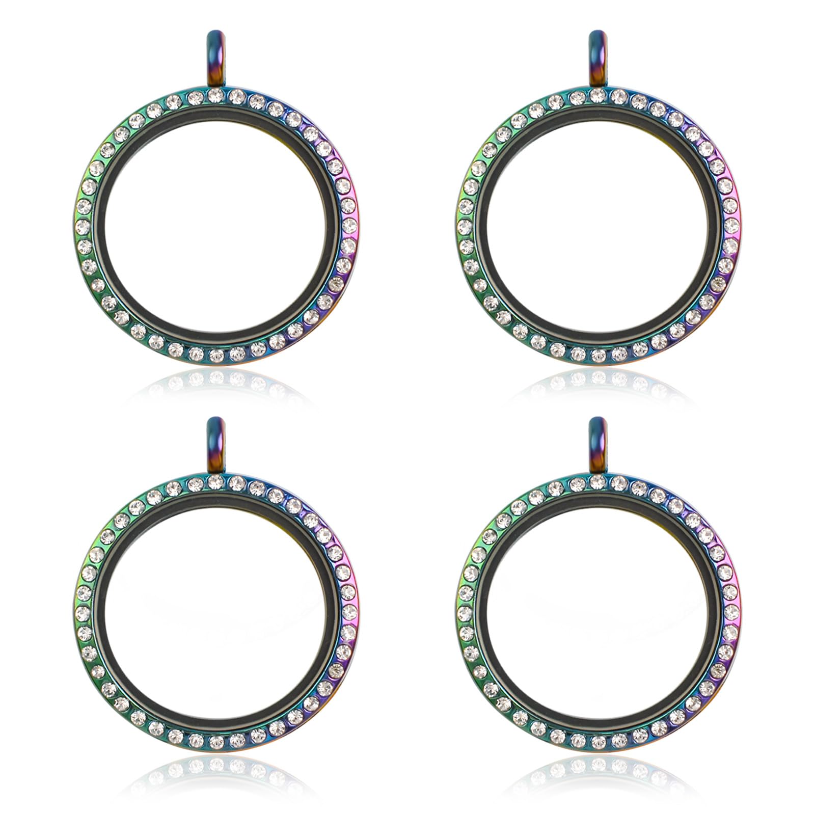 WANDIC Rhinestone Photo Charm, 4 Pcs Round Multi-color Crystal Photo Pendant Bridal Wedding Bouquet Charms Memory Locket for 2 Pictures