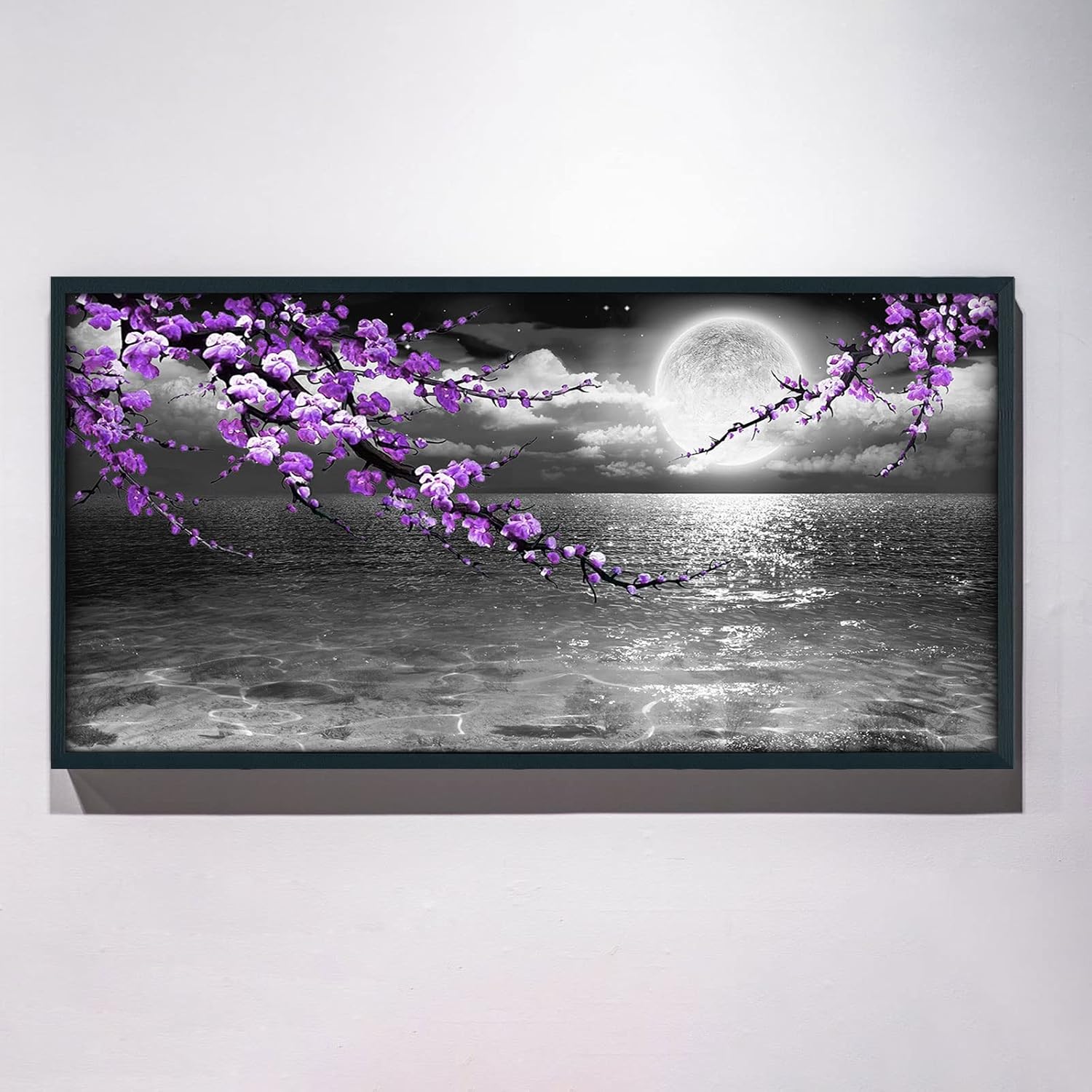 Paintings - yiijeah Large Purple Wall Art Decor for Living Room Bedroom Seascape Full Moon Purple Flower Painting Canvas Picture Hand-Painted Plum Blossom Artwork for Home Office 30 Attached Peripheral Frame