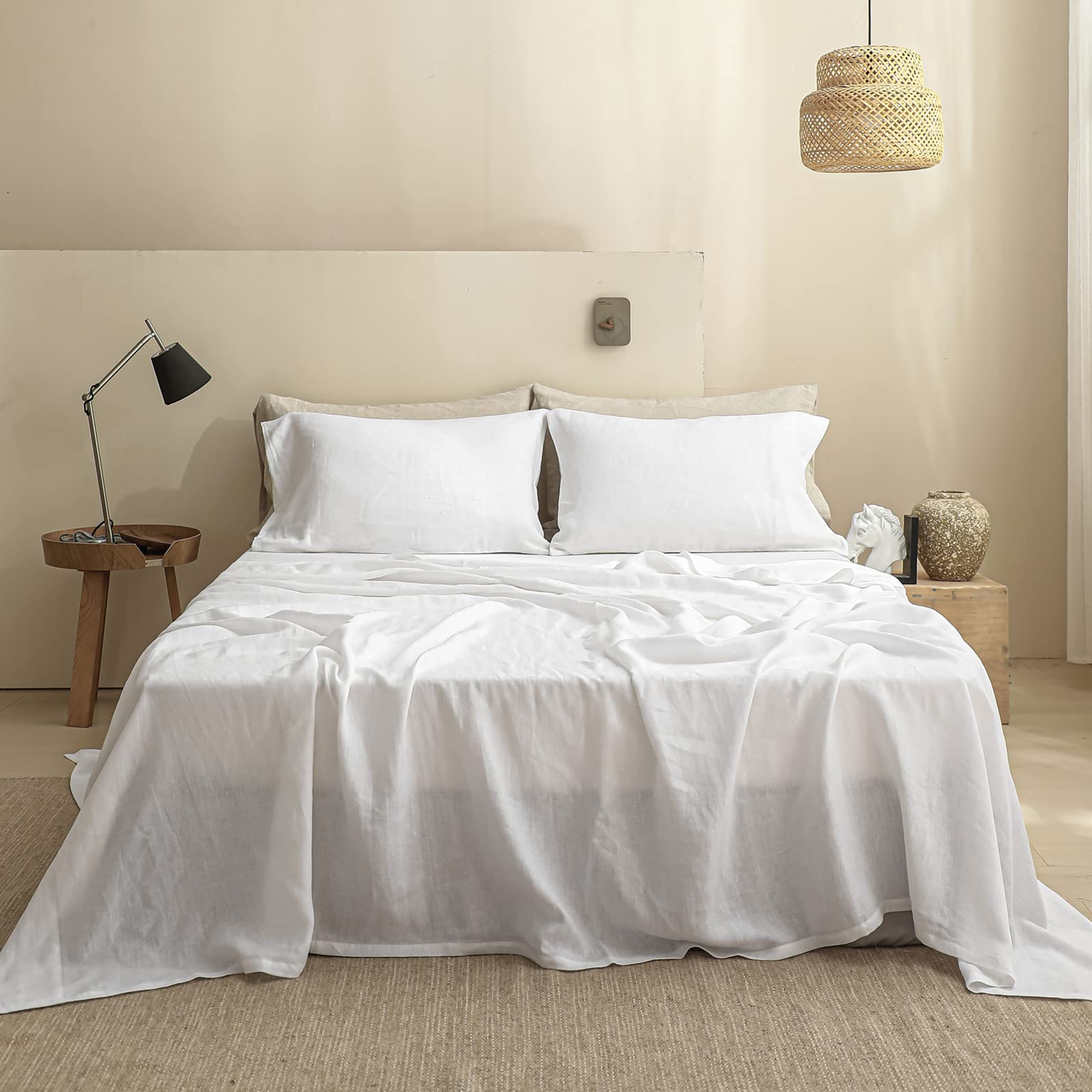 Simple&Opulence Flat Sheet, 100% Linen Basic Style Super Soft Flat Top Sheet, Stone Washed -1 Bed Sheet Only (Double 228 x 255 cm, White)