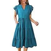 Hount Women's Summer Casual Dress 2026 V Neck Ruffle Sleeve Midi Sundress Flowy Tiered Hawaiian Beach Dresses with Pockets