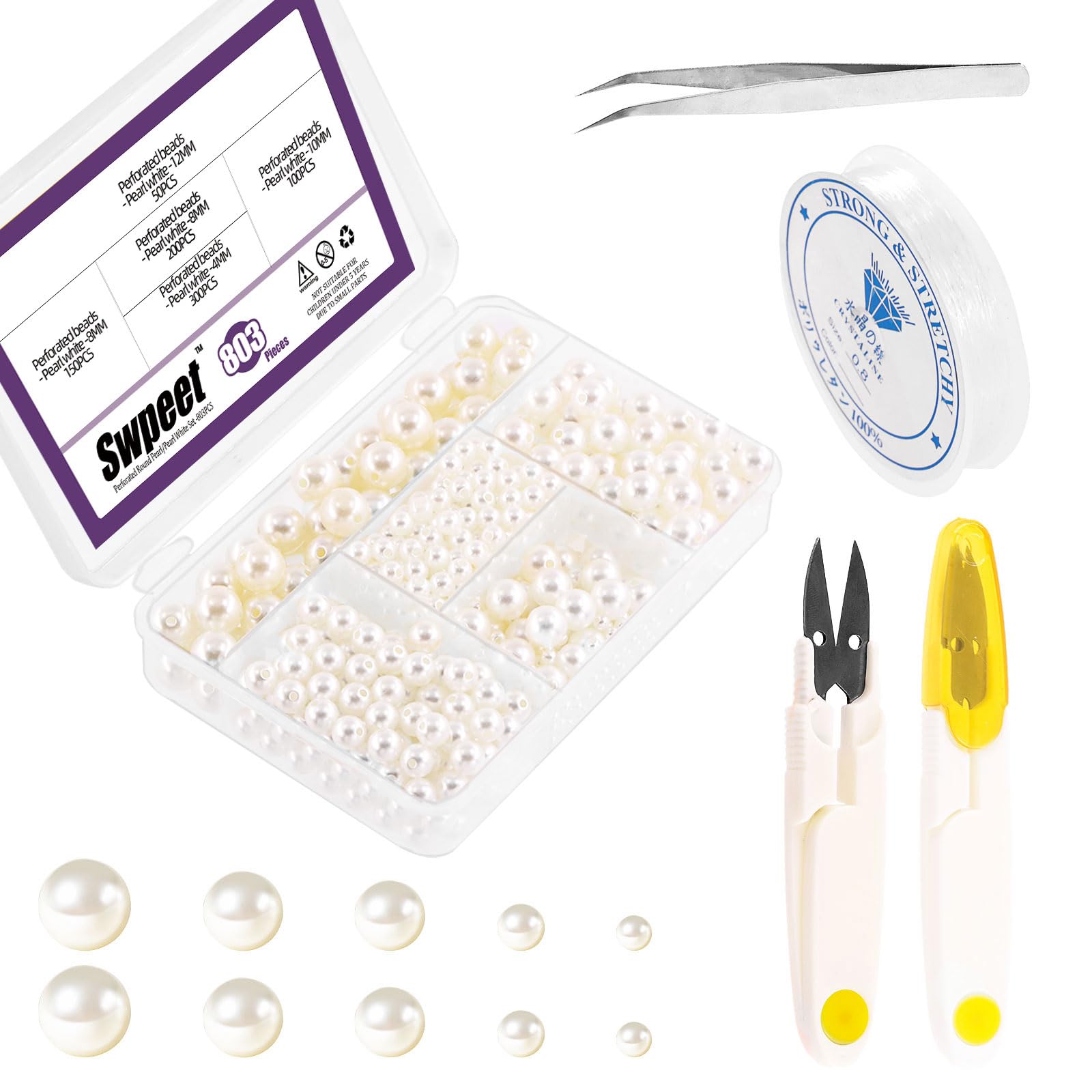 Swpeet 800Pcs 5 Sizes 4mm 6mm 8mm 10mm 12mm White Perforated Pearl Beads and Scissors Tweezers with 0.8mm Elastic Bead Thread Assortment Kit, Craft Beads Loose Pearls for Jewelry Making, Crafts