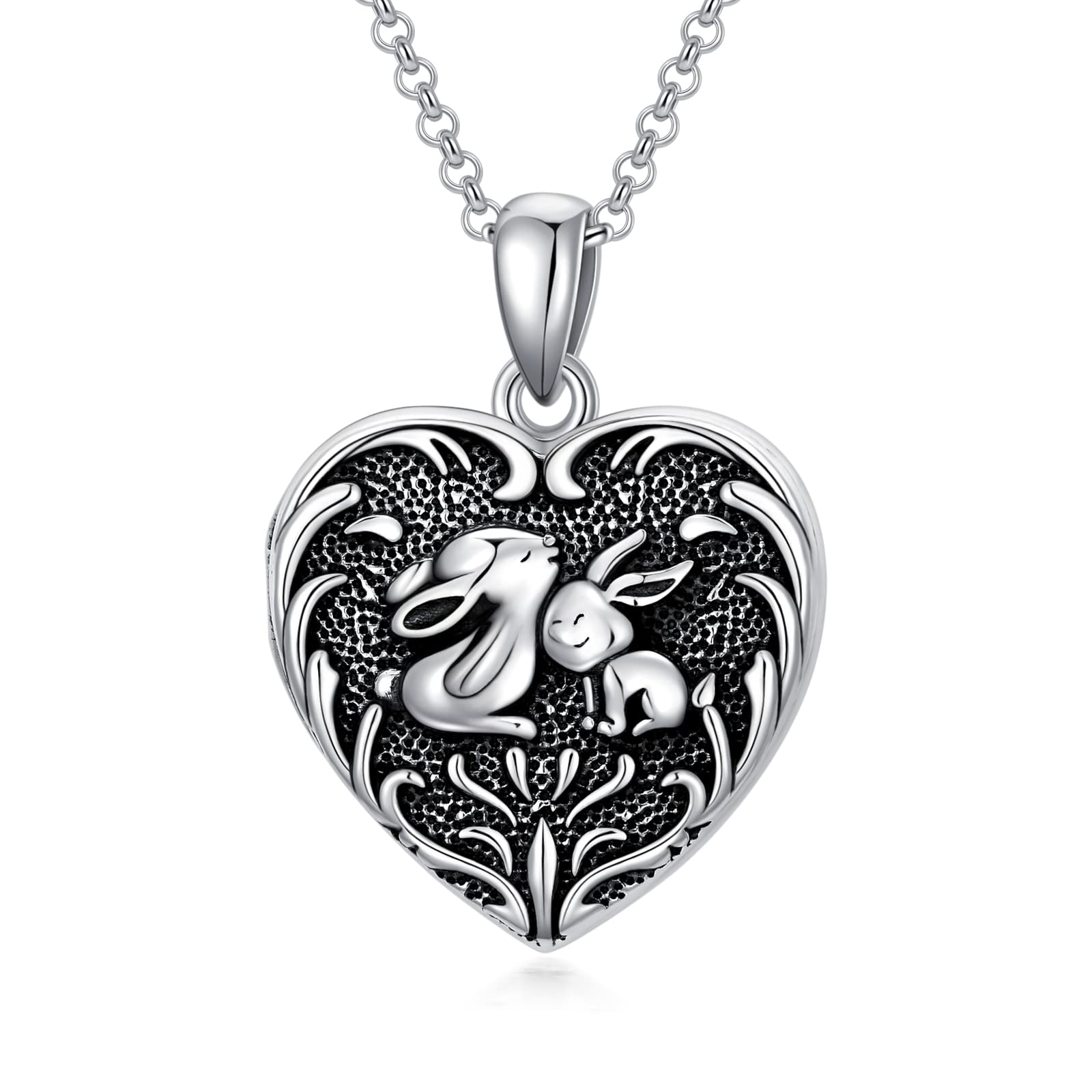 SOULMEET Rabbit Heart Locket Necklace That Holds 2 Pictures Photos Sterling Silver Memory Image Locket Bunny Gift for Women Mothers Day Birthday(Locket only)