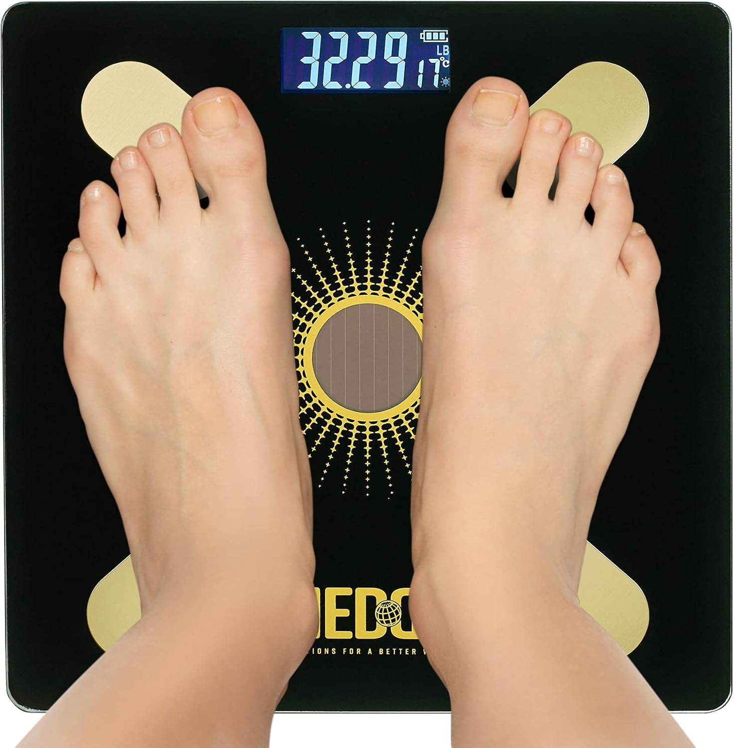 Body Fat Scale - Smart Digital Solar Powered Glass Bathroom Scale Measures, Tracks and Analyzes Weight Fat Loss BMI Body Composition and More Monitor Your Progress with Smartphone App: Health & Personal Care