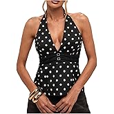 OYOANGLE Women's Polka Dots Sleeveless Halter Top Deep V Neck Open Back Tank Tops