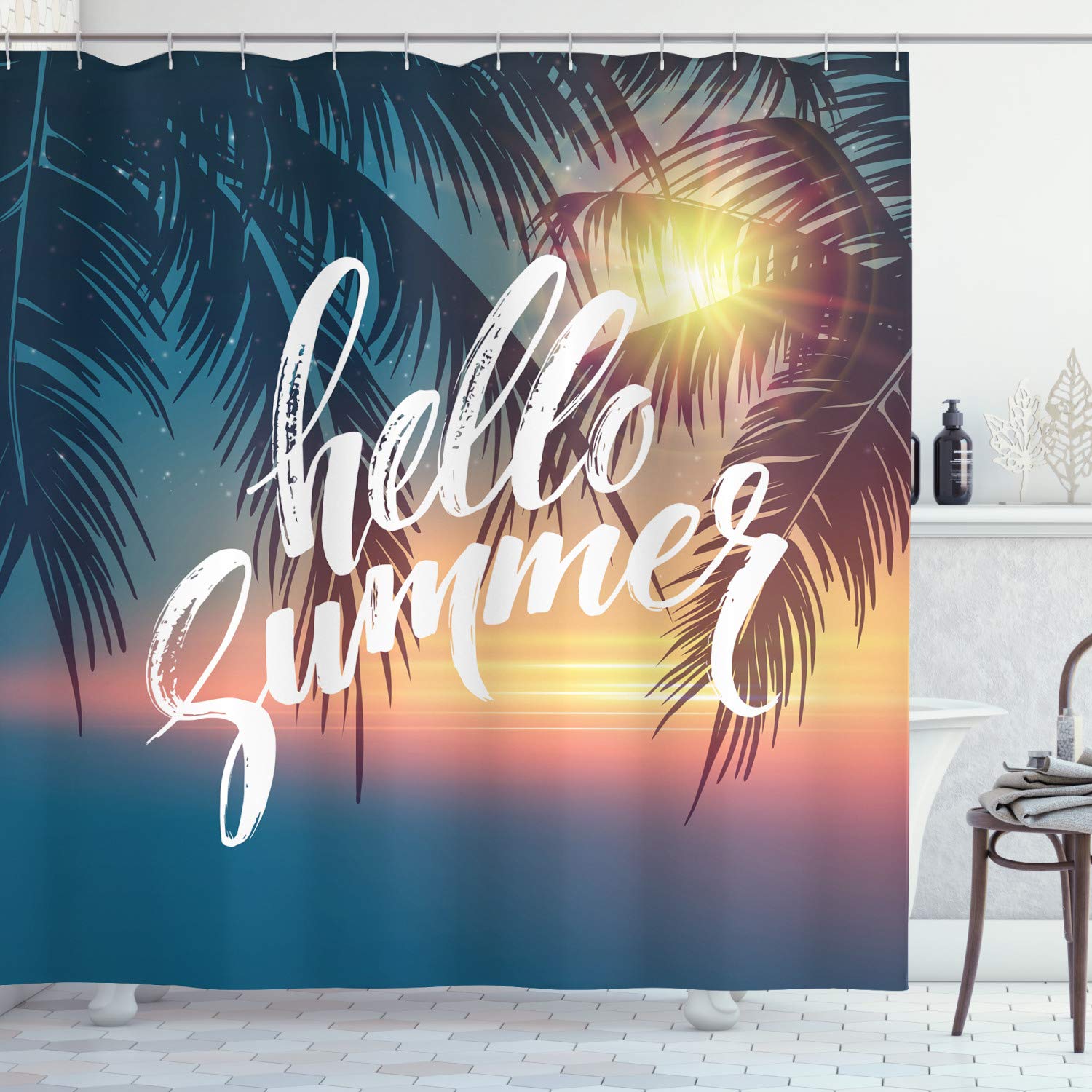 ABAKUHAUS Palm Tree Shower Curtain, Hello Summer Design a Tropic Paradise Beach and the Sunshine Pattern Print, Cloth Fabric Bathroom Decor Set with Hooks, 70 Inches, Blue and Orange