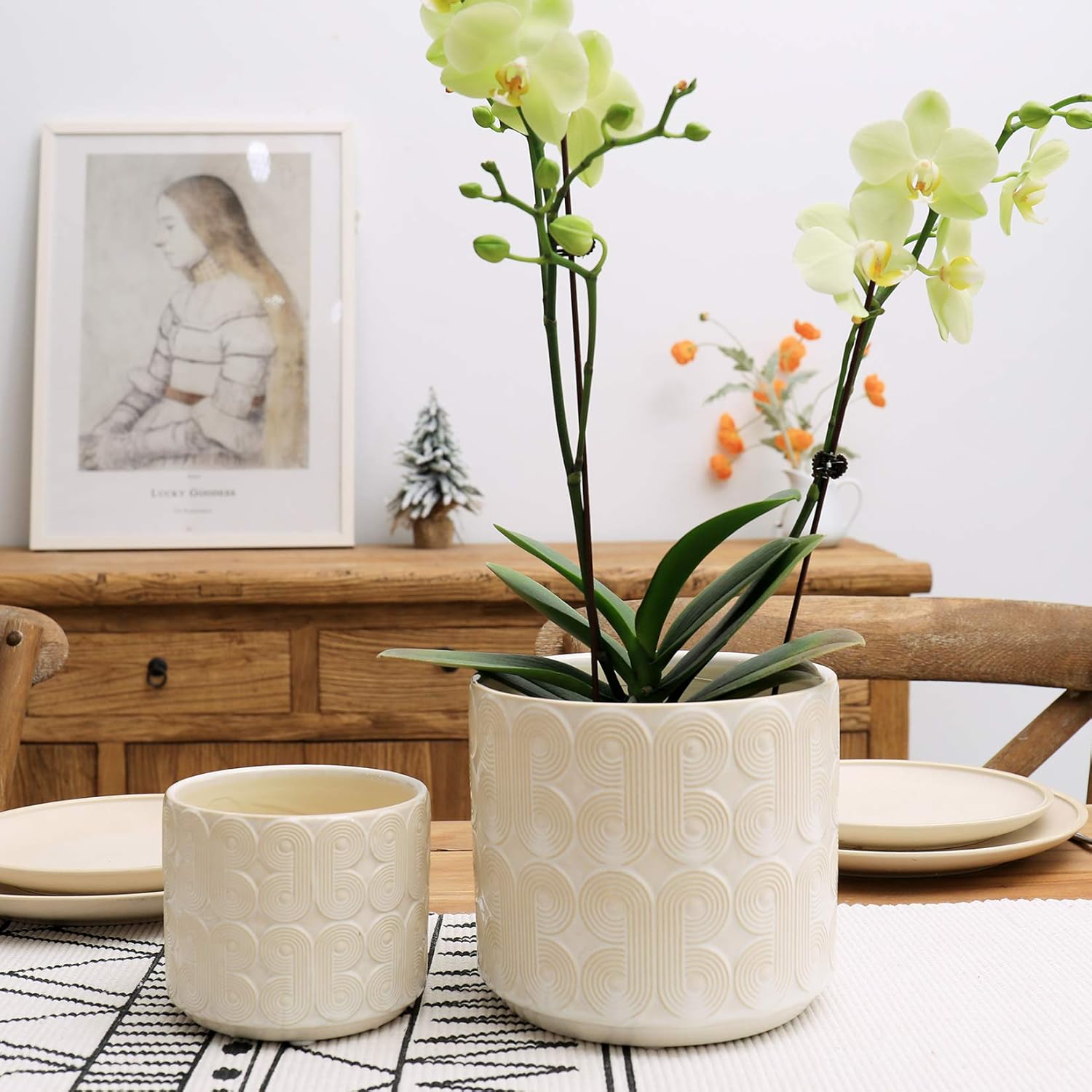 LA JOLIE MUSE Ceramic Planter Set of 2 - 6.6 Inch Greece Style Embossed Flower Pot with Drain Hole for Indoor, with Classic Scrolls Pattern, Ivory : Garden & Outdoor