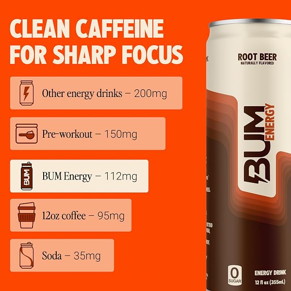 BUM SUGAR-FREE ENERGY DRINK, ROOT BEER – LIGHTLY CARBONATED & NO ARTIFICIAL COLORS, NATURAL CAFFEINE & CITICOLINE FOR ENERGY & FOCUS, BRAIN BOOST & WORKOUT SPORTS BEVERAGE – 12 OZ, PACK OF 12