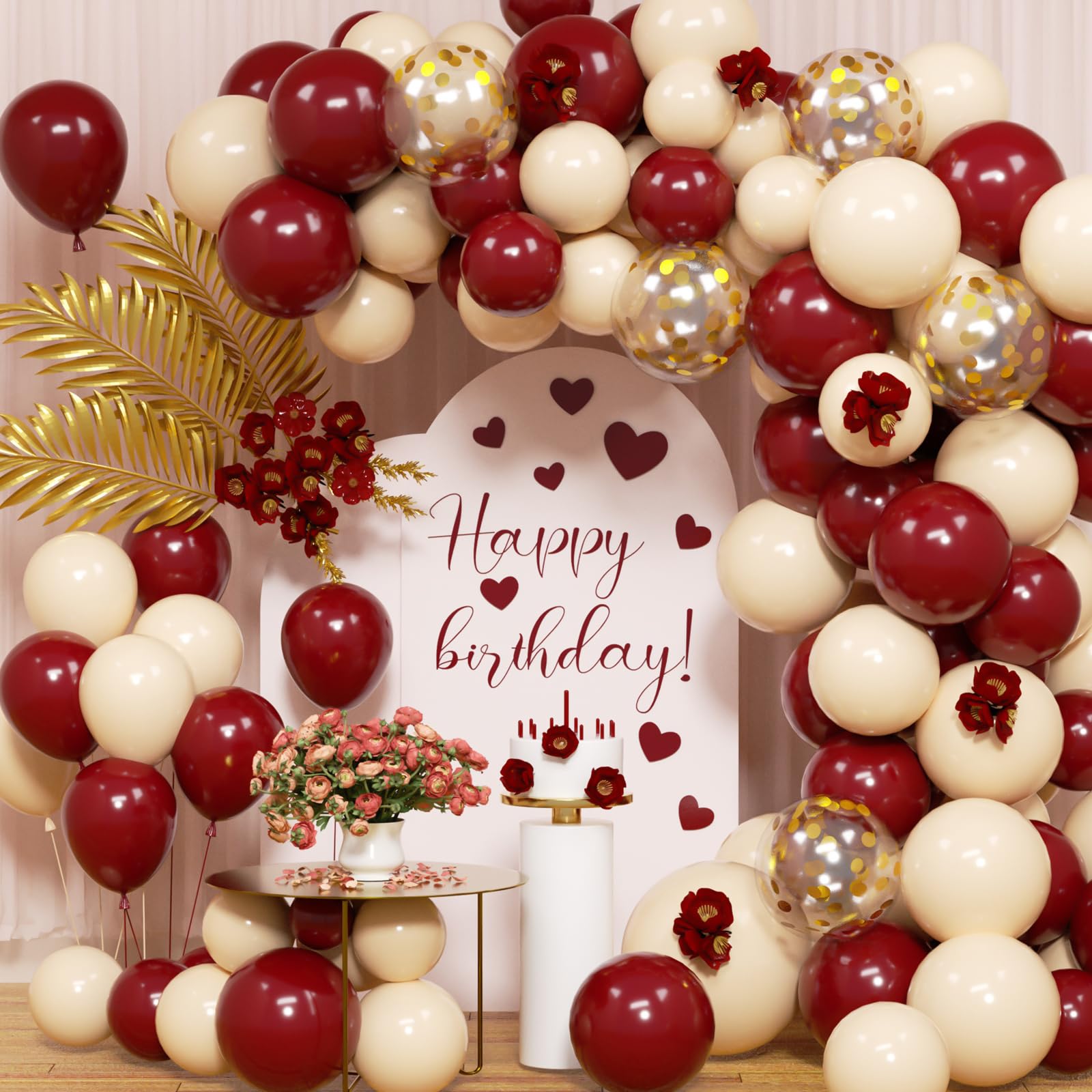 Burgundy Balloon Arch Kit,123Pcs Wine Red and White Balloons with Gold White Confetti Balloons, Wine Red Party Decorations for Wedding Bridal Anniversary Decorations Valentines Day Birthday Party Deco