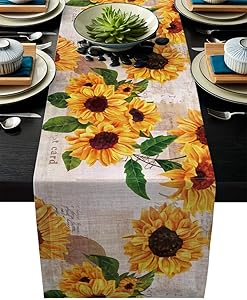 Greeeen Linen Burlap Table Runner, Sunflower Kitchen Table Runners for Family Dinner, Banquet, Parties and Celebrations, Rustic Sunflowers Table Decor, 13 x 90 inch