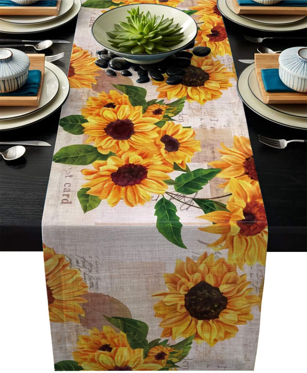 Greeeen Linen Burlap Table Runner, Sunflower Sunflower Kitchen Table Runners for Family Dinner, Banquet, Parties and Celebrations, Rustic Sunflowers Table Decor, 13 x 70 inch