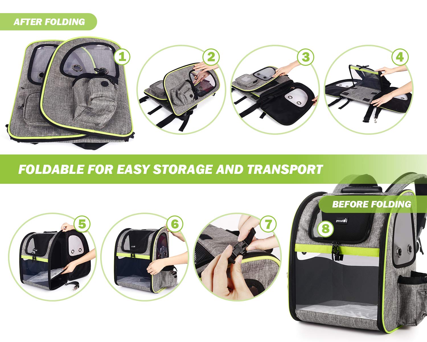 Pecute Pet Carrier Backpack with Mesh Portable Collapsible Pet Backpack Pet Expandable Bag for Puppy Dogs and Cats, Easy-Fit for Traveling Hiking Camping, Gary (Maximum Load 20KG)