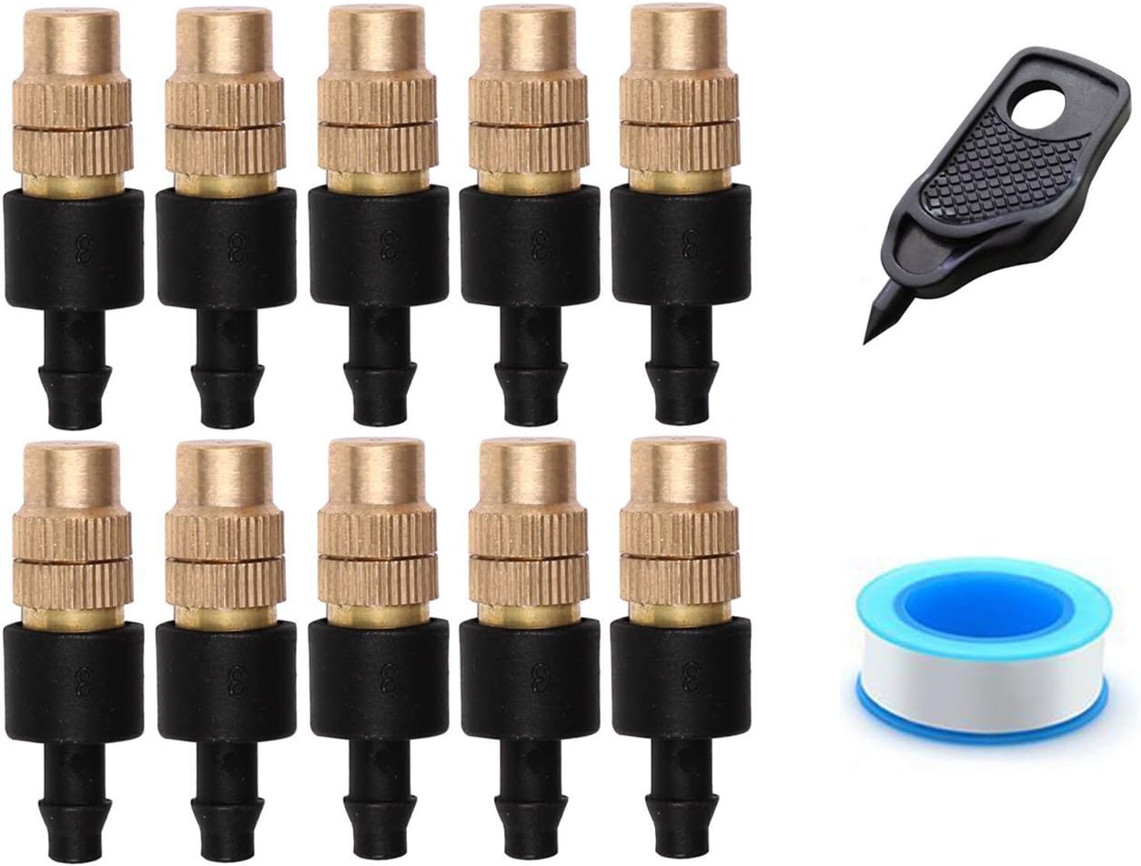 10 Pcs Copper Adjustable Spray Misting Nozzle Irrigation Drippers with 1/4" Barb
