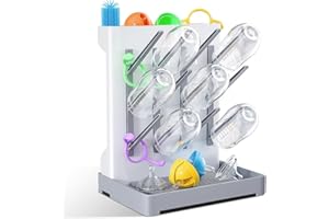 WillMall Baby Bottle Drying Rack: Vertical Space Saving Large Bottles Holder - Standing Boon Dryer Rack Baby Accessory - Countertop Holds Up to 12 Bottles & Pump Part Cleaning & Cup (Blue) (Gray)