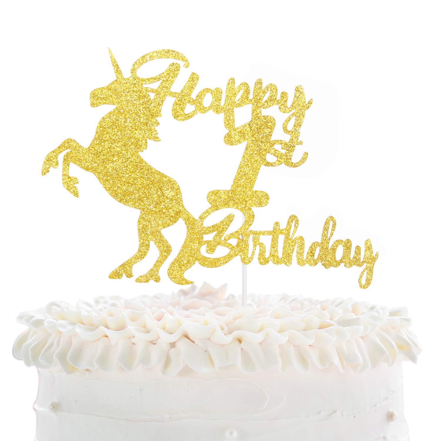 Happy Birthaday 1st Cake Topper - Unicorn Theme Gold Glitter Décor - Adorable Baby Shower Wild One - Kids First Birthday Unicorn Cake Derocation