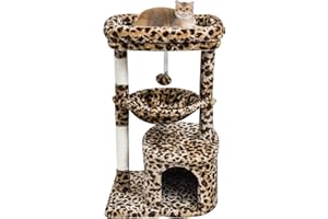 SYANDLVY Small Leopard Print Cat Tree for Indoor Cats, Cat Tower with Scratching Post, Modern Cat House with Padded Perch, Kittens Condo with Cradle, Cat Cave