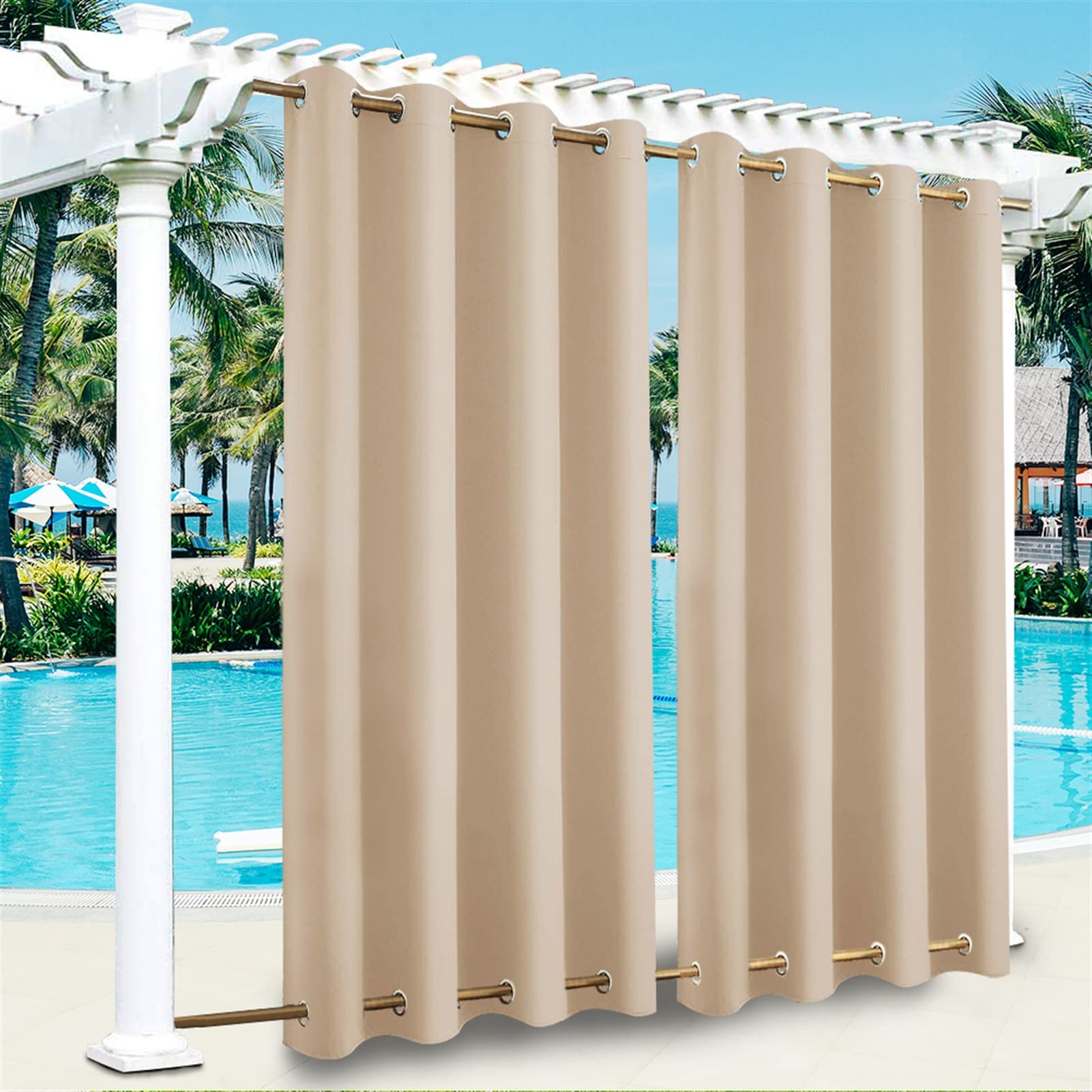 SK Studio Outdoor Curtains for Patio Waterproof Sunlight Block Rustproof Grommet Top and Bottom Windbreak Privacy Curtain for Gazebo, Front Porch, Pergola, 1 Panel, Beige 2, 100" W x 84" L