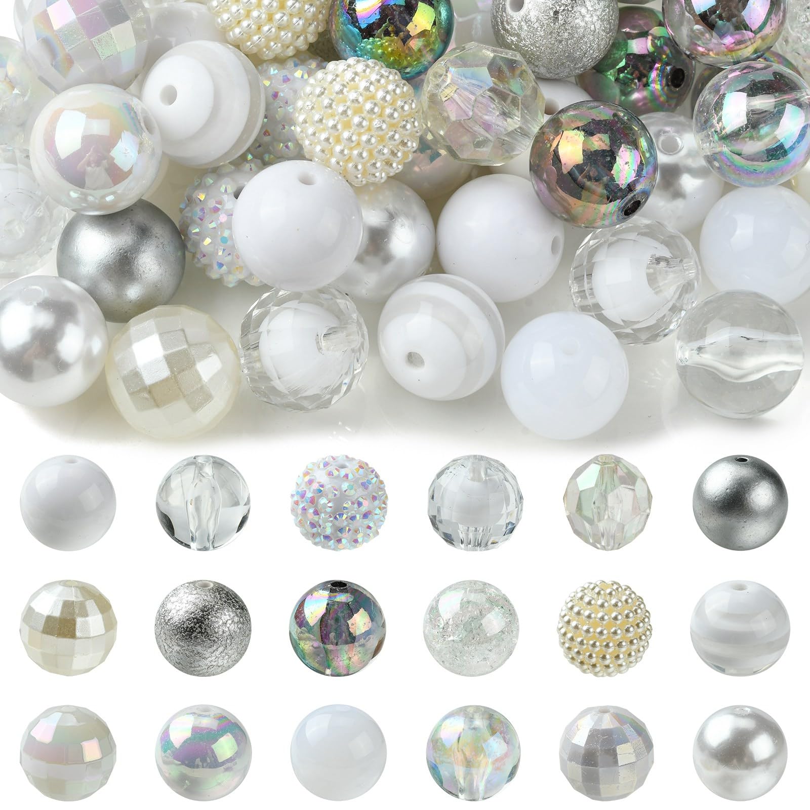 UR URLIFEHALL 50 Pcs White Series Acrylic Round Beads 20mm Bubblegum Beads Rhinestone Gumball Loose Beads for Jewellery Making Crafts