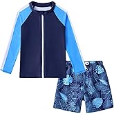 Boys Two Piece Swim Set Zipper Rash Guard Swimsuits Long Sleeve Bathing Suit for 4-12 Years