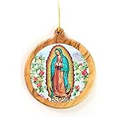 Catholic Christmas Ornaments - Our Lady of Guadalupe Round Icon Olive Wood Ornaments from The Holy Land - 2.5" Small Wooden Christmas Ornaments for Tree Decorations & Seasonal Decor