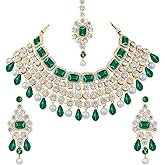 Aheli Kundan Colored Stones Indian Ethnic Maang Tikka Necklace and Earrings Set Bollywood Festive Bharatanatyam jewellery set Gift for Women