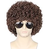 Topcosplay Men and Women Afro Wigs Dark Brown Disco Rocker Hippie Wig Short Curly Halloween Costume