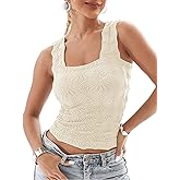 Women's Square Neck Wide Strap Crop Tank Tops Slim Fit Sleeveless Going Out Top Flower Lettuce Trim Cami Tops