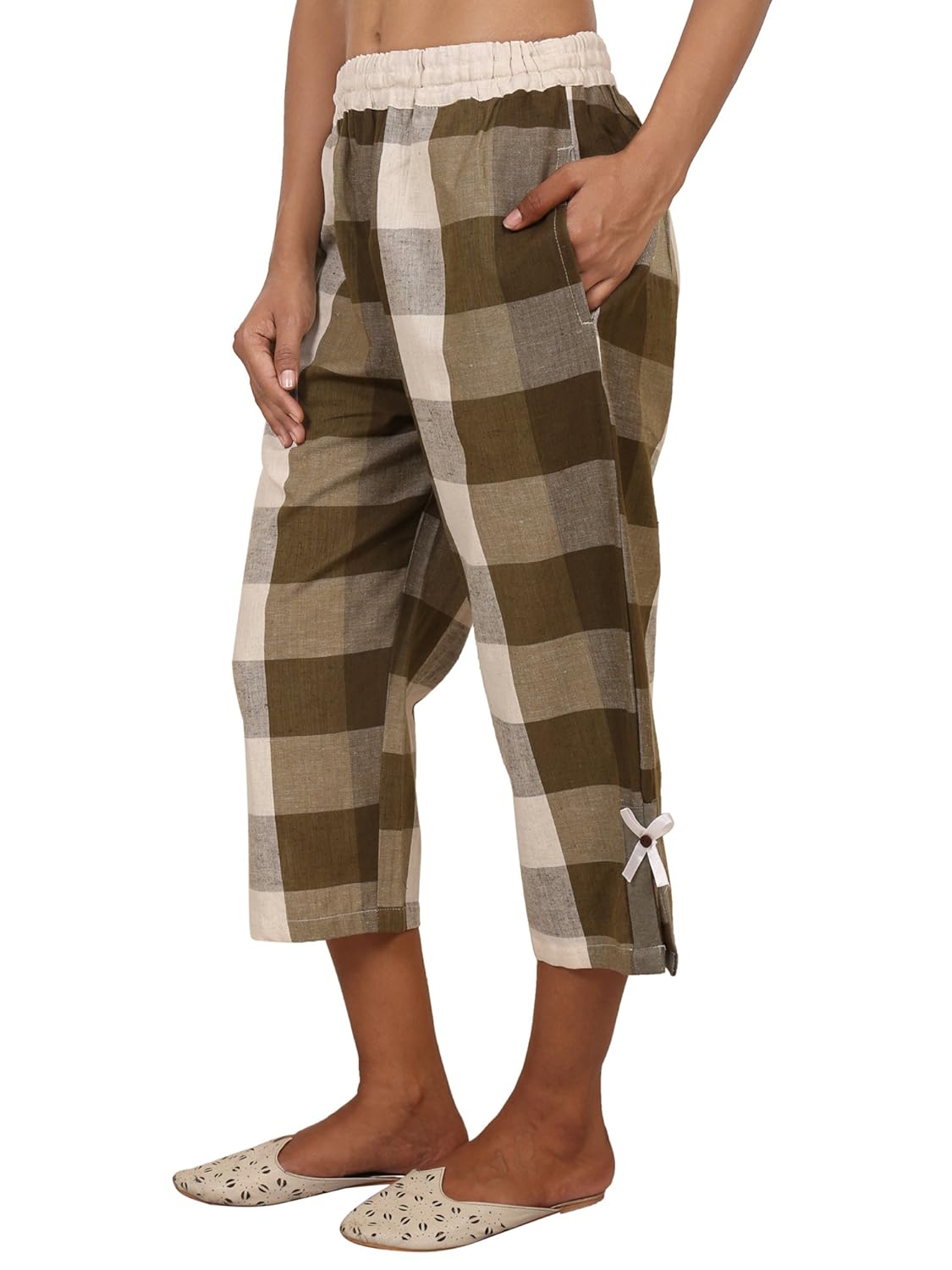 9teenagain women's cotton checkered capri (olive green)