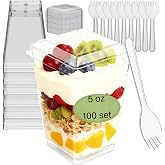 Toowood 300 Pack 100 Set Clear Dessert Cups with Lids and Spoons, 5.4oz Mini Dessert Cups Reusable Square Parfait Cup for Party Appertizer, Christmas
