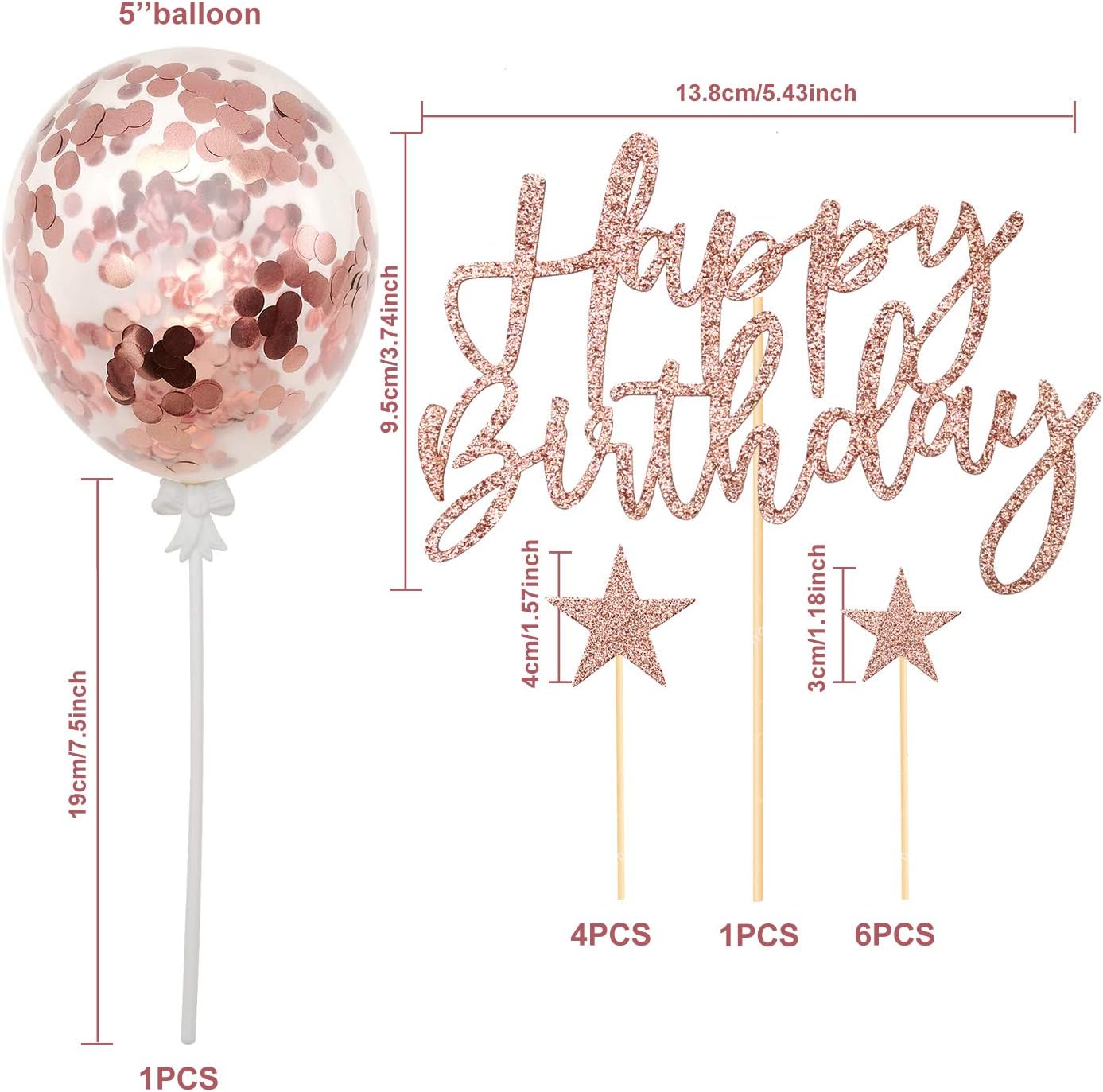 iZoeL Cake Decoration Rose Gold Happy Birthday Stars Topper Confetti Balloon Cake Decoration Birthday Decoration Girls Women - Image 3