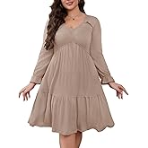 Women's Plus Size Midi Long Sleeve Dress V Neck A Line Ruffle Flowy Lightweight Sweater Fall Winter Dresses with Pockets