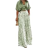 Summer 2 Piece Sets for Women Fashion Casual Short Sleeve V Neck Tops Matching Print Wide Leg Pants Set Business Suit