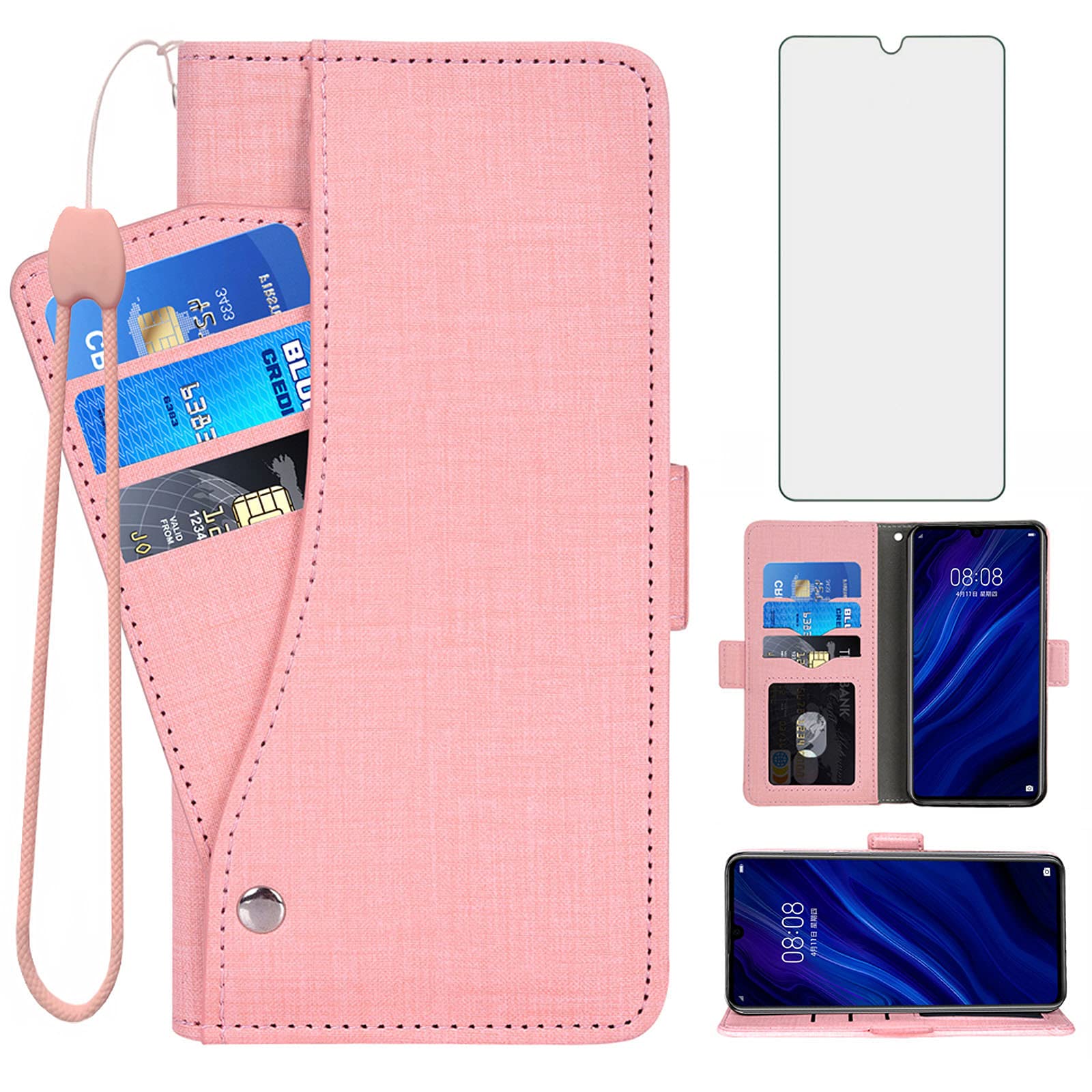Asuwish Compatible with Huawei P30 Wallet Case Tempered Glass Screen Protector and Leather Magnetic Flip Cover Card Holder Stand Cell Accessories Phone Cases for Hawaii P 30 ELE-L29 Women Men Pink — image 1