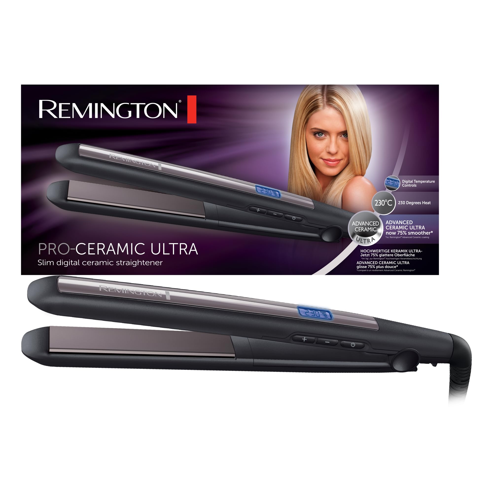 Remington Lisseur Cheveux [ Douceur, Glisse Facile & Style Longue Durée] Pro-Ceramic Ultra (Revêtement Ultra-Céramique Haute Qualité, Écran LCD, 150-230°C) Fer À Lisser S5505