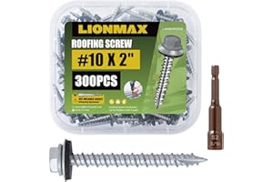LIONMAX Metal Roofing Screws #10 × 2 Inch, 300-PCS, Rustpert Coating Hex Head Sheet Metal to Wood Siding Screw with Rubber Washer, Sharp Point, Hex Socket Included