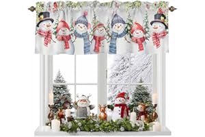LITTER STAR Christmas Snowman Window Valance Rod Pocket Short Curtain Panels Winter Snowy Cardinal Pine Tree Branches Kitchen Valances Curtains, Retro Window Treatments Drapes for Living Room Bedroom Decor