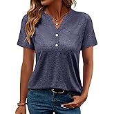TICTICMIMI Women's V Neck Short Sleeve Tops Button Down Casual T Shirts Basic Dressy Tees