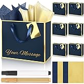 ReliThick 6 Pack Metallic Paper Gift Bag with Handles Tissue Paper Gold Tag Pen Thank You Favor Bag for Wedding Party Bridesmaid Bridesman 5 Senses Anniversary Birthday Favor(Blue Gold)