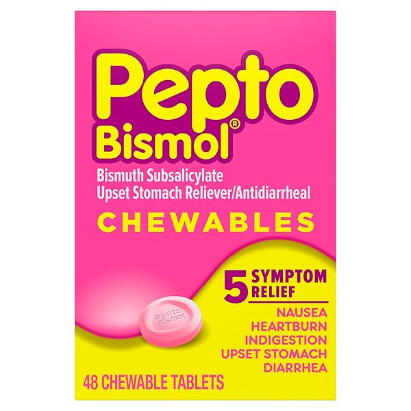 PEPTO BISMOL CHEWABLE TABLETS, UPSET STOMACH RELIEF, NAUSEA RELIEF, HEARTBURN RELIEF, INDIGESTION RELIEF, ANTI DIARRHEA MEDICATION FOR ADULTS – 5 SYMPTOM RELIEF, 48 CT