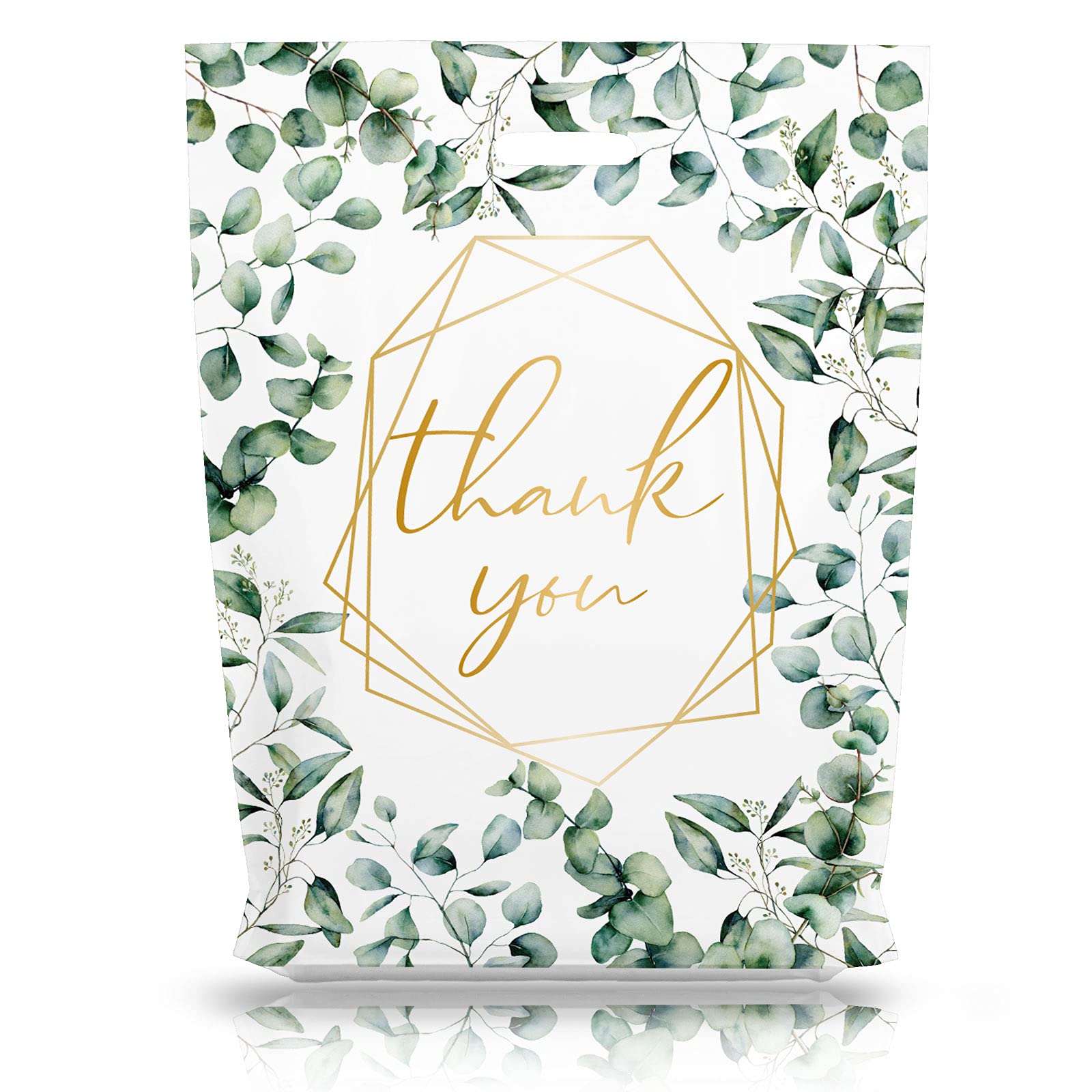 Whaline Thank You Merchandise Bag with Die Cut Handle Plastic Greenery Leaves Theme Boutique Bags 12 x 16 Inch Bulk Thank You Gift Bags for Wedding Birthday Baby Shower Party Shopping Retail 50 Pack