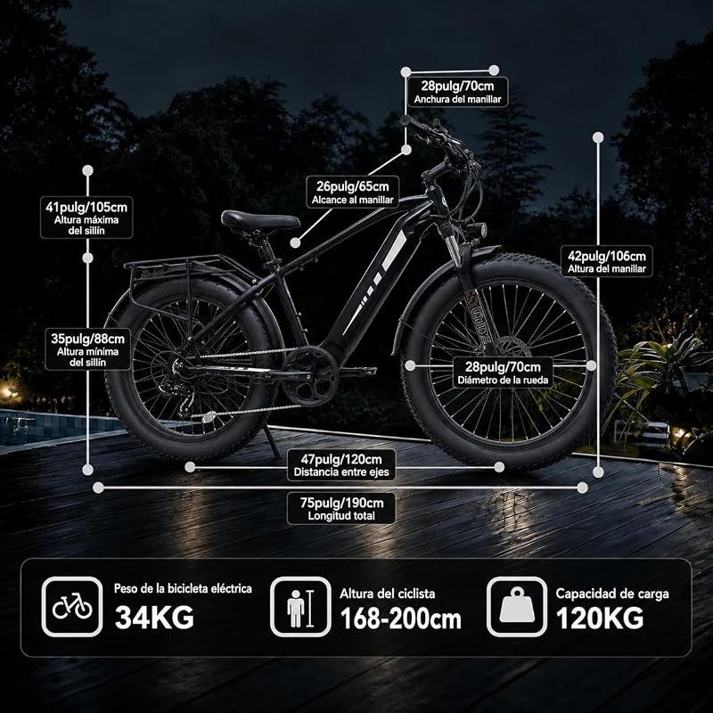 D6 Bicicleta Eléctrica, 26x4” Bici Electrica Adultos Montaña, Batería de 48V 15Ah, Motor 250W, 7 Velocidades, Horquilla de Suspensión, Frenos de Disco Hidráulicos (Negro)