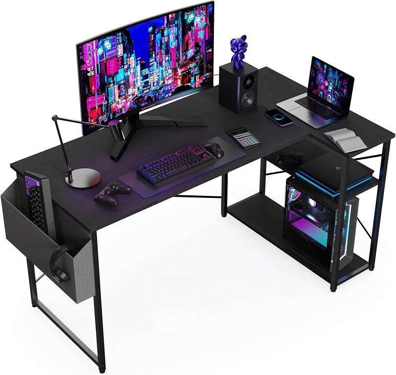 BEXEVUE L Shaped Gaming Desk 100x70 cm with Reversible Storage Shelves Black