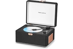 TANLANIN Vintage Desktop CD Player with Speakers, Rechargeable Battery, Portable Retro Suitcase CD Player for Home with Bluetooth Out & Input, USB Playback, AUX-in, Headphone Jack, Black