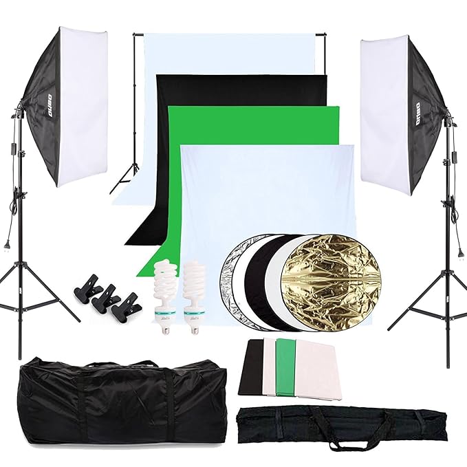 OUBO Profi Fotostudio Set 4X Hintergrundstoff (schwarz, 2X weiß, grün) Softbox Studioleuchte Studiosets Hintergrund Fotoleinw
