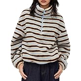 Mxiqqpltky Y2K Fleece Sweatshirt for Women Trendy Half Zip Long Sleeve Striped Sherpa Jacket Warm Oversized Fuzzy Pullover