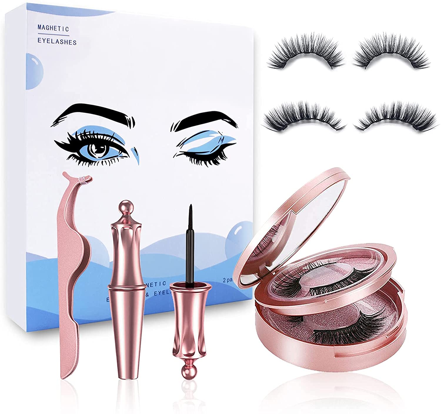 Magnetic Eyelashes, 2 Pairs of Natural Look Magnetic Eyelashes, Reusable Waterproof Magnetic Eyeliner with Applicator,Tweezers and Makeup Case with Mirror