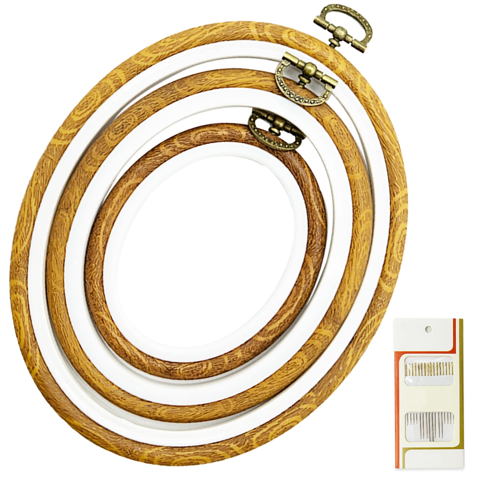 LAMXD 3 Sizes Imitated Wood Display Oval Round Embroidery Hoop Set Plastic Circle Cross Stitch Hoop Rings for DIY Craft Sewing,Including 16pcs Gold Eye Sewing Needles โ image 1