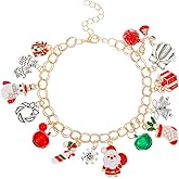 Christmas Red Green Jingle Bells Santa Claus Charm Link Bracelet Gold Plated Cute Cartoon Snowflake Snowman Wreath Gift Box Crutch Sock Adjustable Chain Bracelets Xmas Holiday Jewelry Gifts for Women Daughter Sister BFF